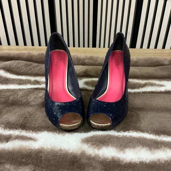 LILLY PULITZER Navy Peep-Toe Heels Sz 9M - Picture 1 of 7